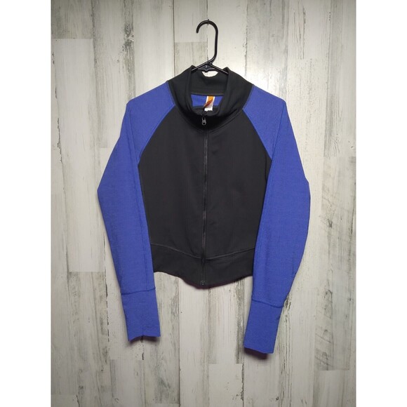 Lucy Athletic Workout Zip Up Crop Long Sleeve Jacket Black Blue Medium thumbhole - Picture 1 of 6